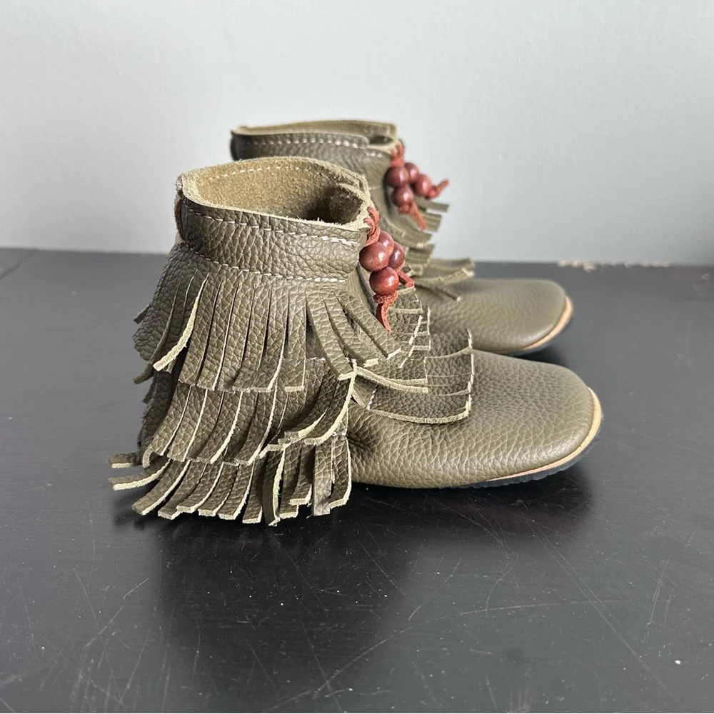 Duchess & Fox Leather Fringe Boots Toddler 9‎ Olive Handmade Boho